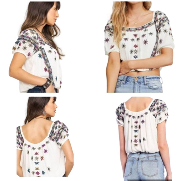 HOST PICK⭐️⭐️⭐️FREE People Ocean Blue Floral Embroidered Top Cropped PERFECT NWT - Picture 2 of 9